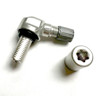 Válvula metálica de aluminio acodada a 80º para sensor TPMS de 11,5 mm en motos BMW, KTM y Kawasaki.