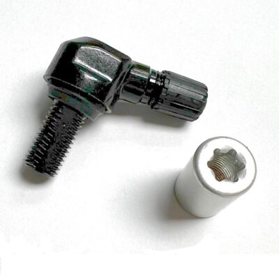 Válvula de aluminio negra acodada para sensores de presión TPMS en llantas de BMW, KTM y Kawasaki.