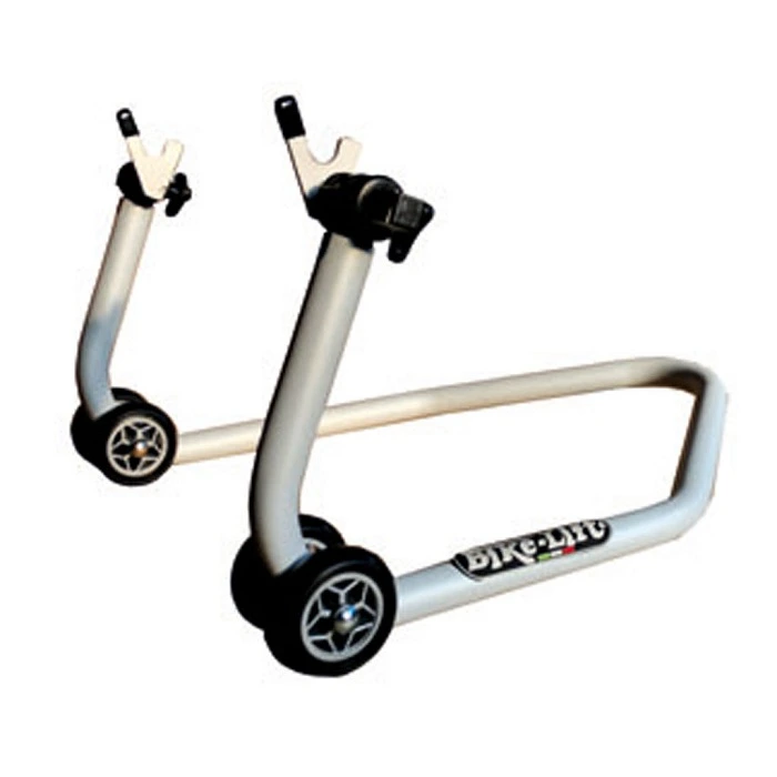 Caballete trasero Bike-Lift RS-17E Racing Edition – Ergal y 4 ruedas Ø90mm Caballete RS17E de Bike-Lift fabricado en Ergal. Incluye soportes en V y 4 ruedas de goma Ø90mm antideslizantes.