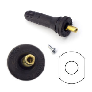 Válvula de repuesto de goma para sensor TPMS T5028 con anclaje de planos paralelos y tornillo de fijación.