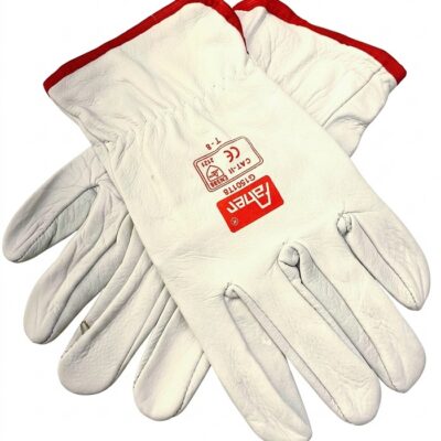 Par de guantes tipo conductor de piel flor vacuno blanca de primera calidad para protección mecánica.