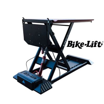 Elevador profesional Bike-Lift Absolute 756 Split con panel frontal abierto para mantenimiento de horquilla delantera.