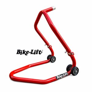 Caballete delantero bajo tija Bike-Lift FS11 elevando una moto deportiva para el mantenimiento de horquillas y dirección.