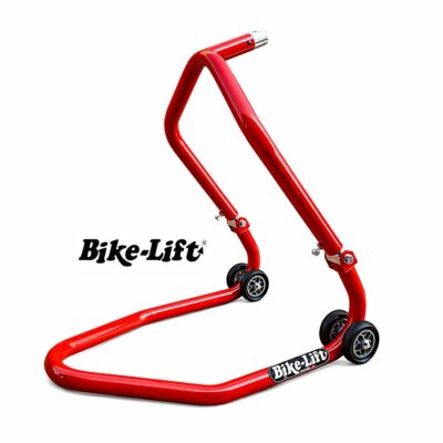 Caballete delantero bajo tija Bike-Lift FS11 elevando una moto deportiva para el mantenimiento de horquillas y dirección.