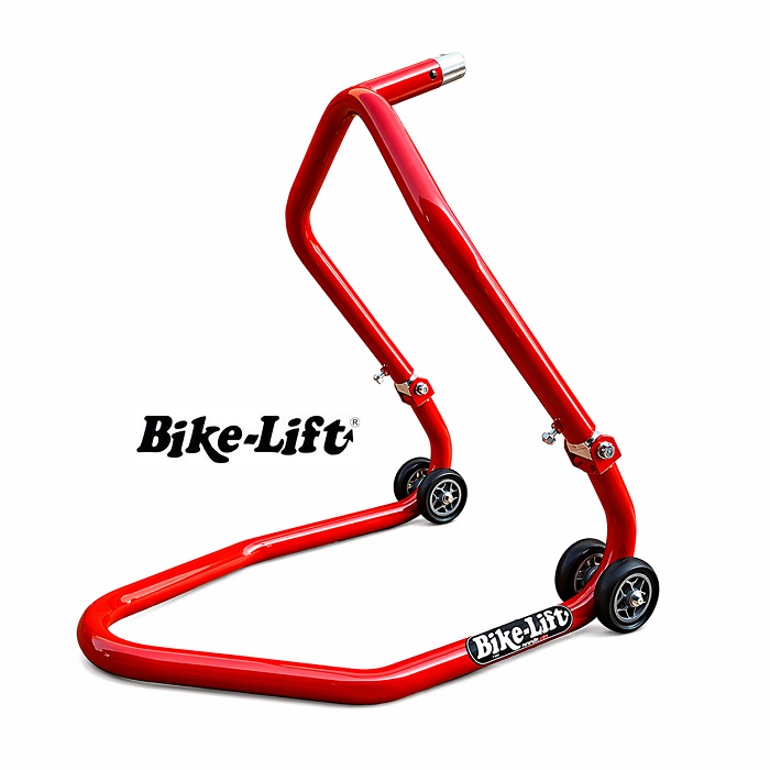 caballete-delantero-bajo-tija-fs11-bike-lift-disprone Caballete delantero bajo tija Bike-Lift FS11 elevando una moto deportiva para el mantenimiento de horquillas y dirección.