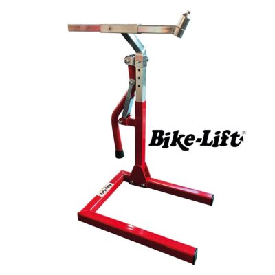 Caballete delantero bajo tija Bike-Lift FS11-New de acero rojo para elevación y mantenimiento de horquillas en motos naked y road.