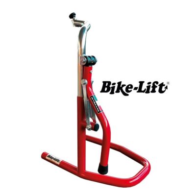 Caballete delantero bajo tija Bike-Lift FS11-Sport de acero reforzado para elevación de motos deportivas y protección de neumáticos.