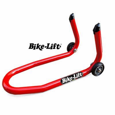 Caballete delantero fijo Bike-Lift FS9 de acero rojo con adaptadores cónicos para elevación de horquilla.