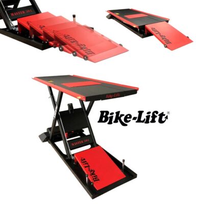 Elevador de moto Bike-Lift Master 504 con rampa retráctil automática y plataforma de 500kg de capacidad.
