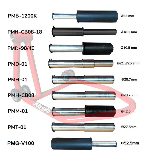 Pernos y ejes adaptadores Bike-Lift para caballete monobrazo RS-16 Gama de pernos, pines y ejes de acero macizo para caballete monobrazo izquierdo RS16 de Bike-Lift.