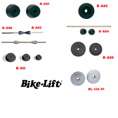Gama de adaptadores y ejes Bike-Lift compatibles con equilibradoras manuales BL-124-00 y B-35N.