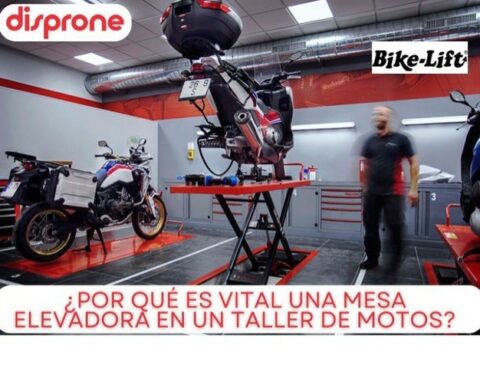 Taller equipado con elevador profesional de moto proporcionado por Disprone