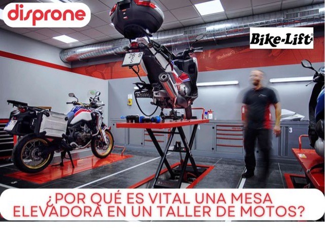 Taller equipado con elevador profesional de moto proporcionado por Disprone