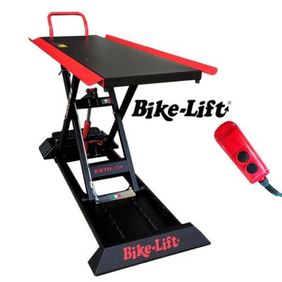 Mesa elevadora electro-hidráulica Bike-Lift Racing 350 compacta para motos deportivas y clásicas en taller profesional de Disprone.