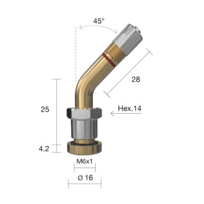 Válvula de latón acodada 45 grados (Ref.1392.1) para sistemas TPMS OEM en Mercedes, Iveco, Scania y Volvo.