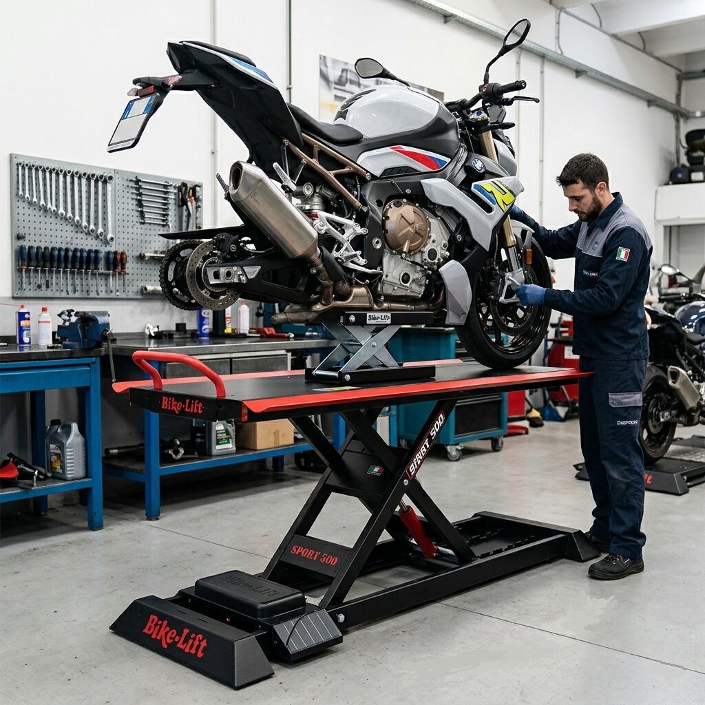 Utilidad real en taller: Moto suspendida sin rueda trasera sobre el elevador de tijera Bike-Lift MC-20, situado a su vez sobre el elevador Sport Gate 500.