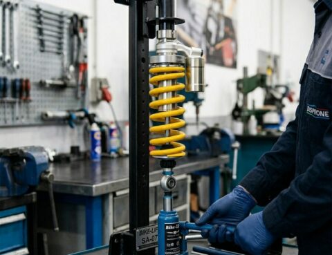 Mecánico profesional utilizando la prensa Bike-Lift SA-07 para comprimir un muelle de amortiguador con total seguridad.