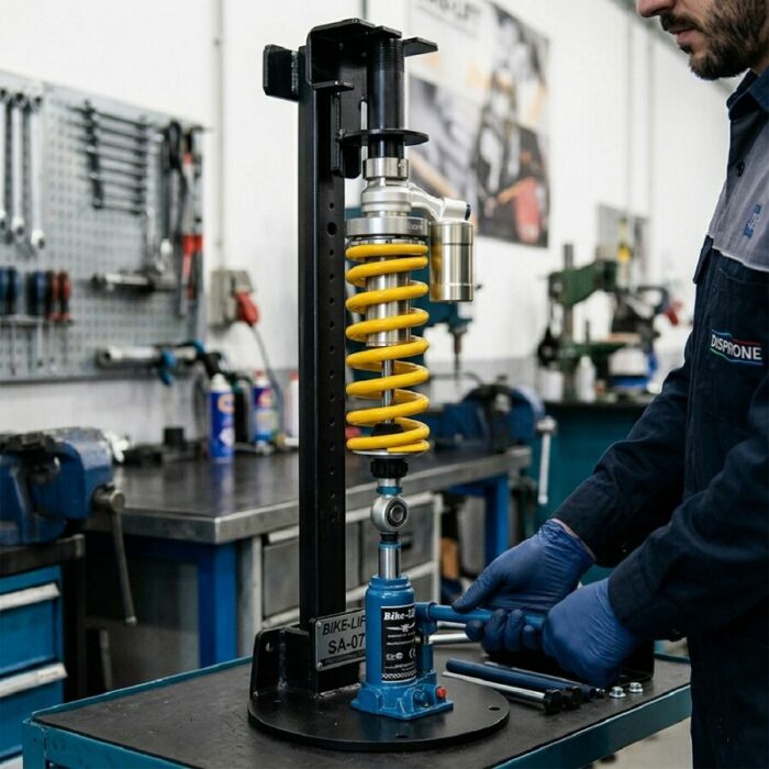 Mecánico profesional utilizando la prensa Bike-Lift SA-07 para comprimir un muelle de amortiguador con total seguridad.
