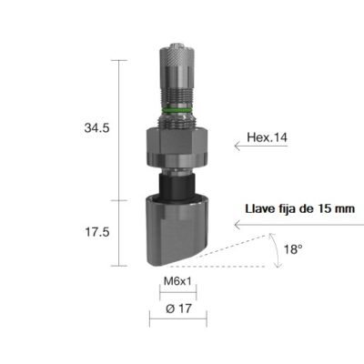 Válvula TPMS de latón niquelado MS 40 con base en ángulo de 18 grados y tornillo de fijación VA 85.