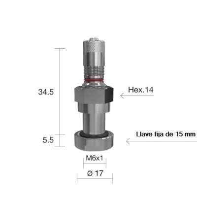 Válvula TPMS corta de vástago metálico 54MS con base plana y tornillo de fijación para camión.