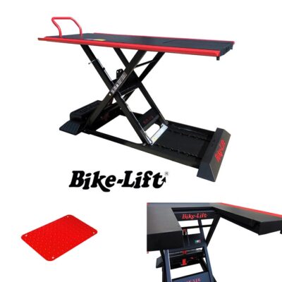 Elevador de moto Bike-Lift MAX GATE 516 con puerta trasera abierta para desmontaje de rueda en taller profesional.