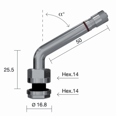 Válvula metálica niquelada TR554 para sensor TPMS en llantas de aluminio de camión.