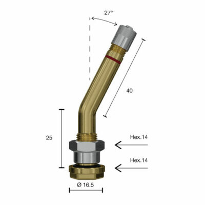 Válvula de camión acodada 27º y 40mm para sensor TPMS Mercedes-Benz Actros.